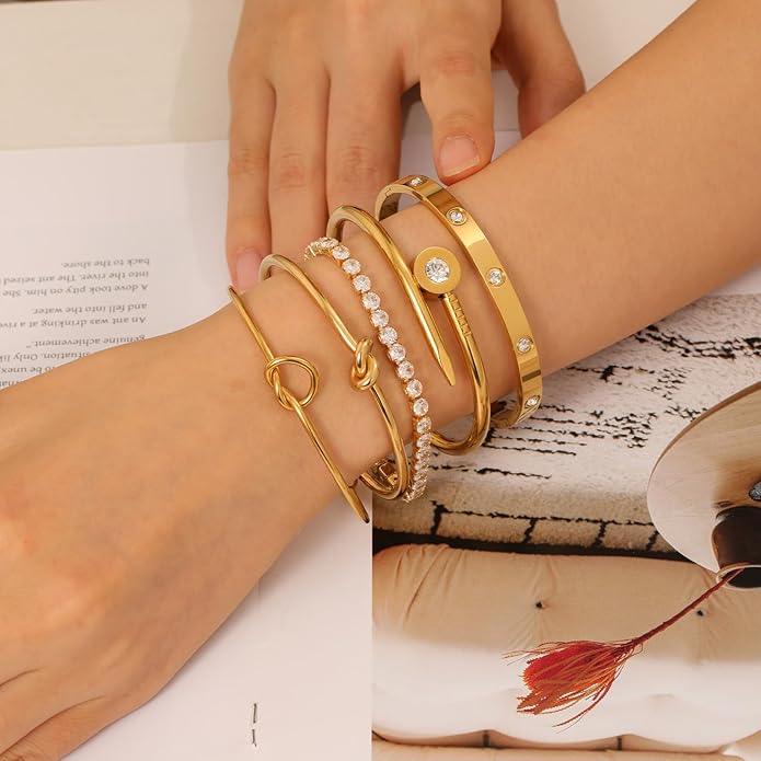 18 K Gold Plated Love Bangle Bracelet Stack Cuff Jewelry for Women Jewelry Set for Women Gift with Box