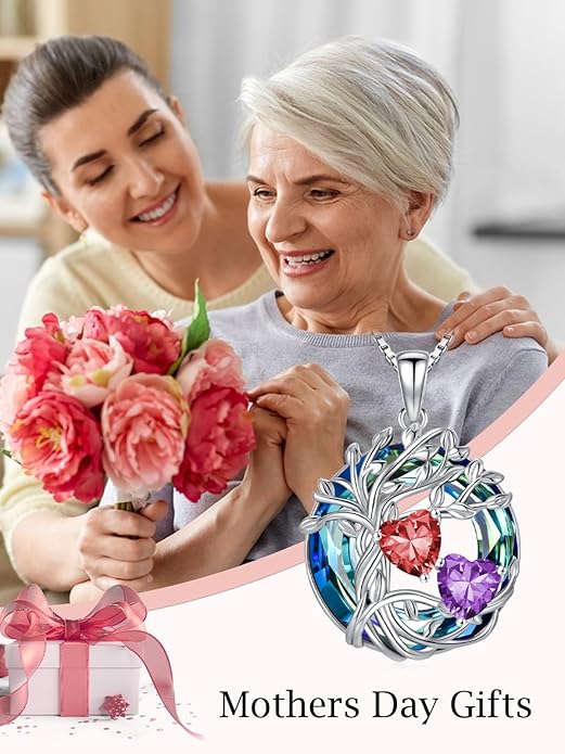 TOUPOP s925 Sterling Silver Family Celtic Tree of Life Pendant Necklaces with 2 Heart Birthstone with Blue Austrian Crystal Jewelry Birthday Valentines Day Gifts for Her, Anniversary Christmas Gifts for Wife Girlfriend Mom (18K Real White Gold Filled)
