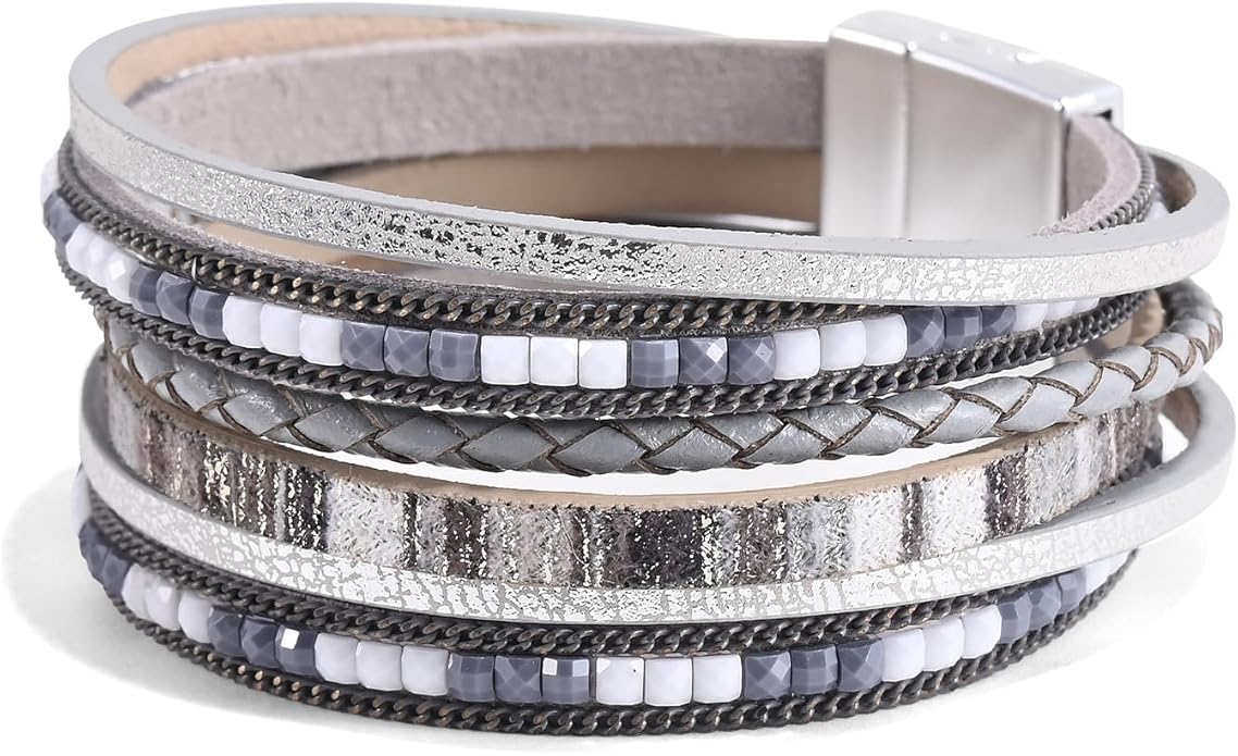 Wrapped Bracelets for Women,Leather Bracelet,Boho Bracelets for Women,Multi-Layer Pearl Crystal Bracelet Bangle Jewelry