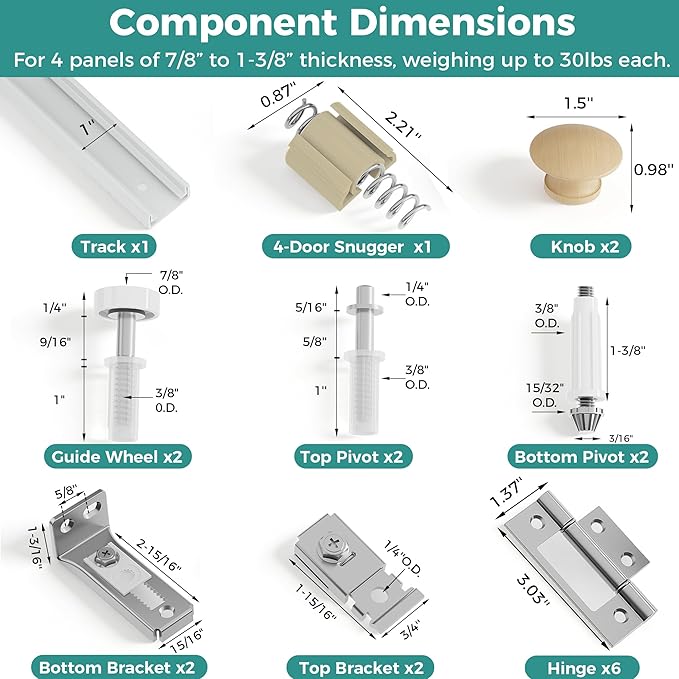Closet Bifold Door Hardware & 48 Inch Track, 4 ft Bi Folding Door Rail Kit | - Image 3
