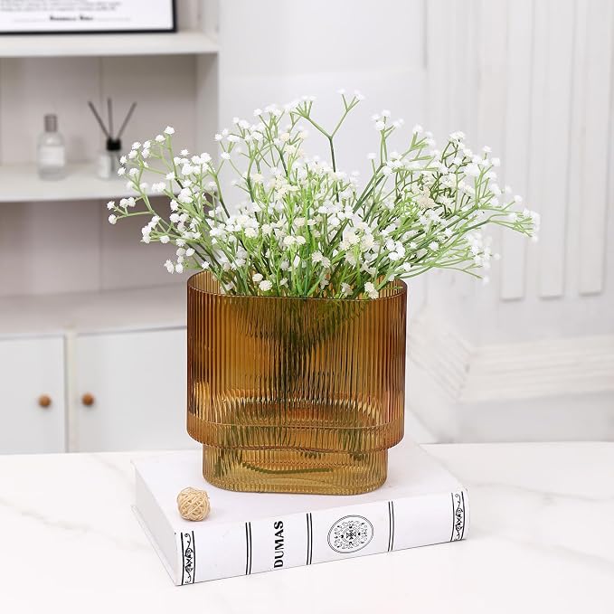 Ribbed Glass Vase, Amber Glass Vase, Fluted Short Vases - Image 3