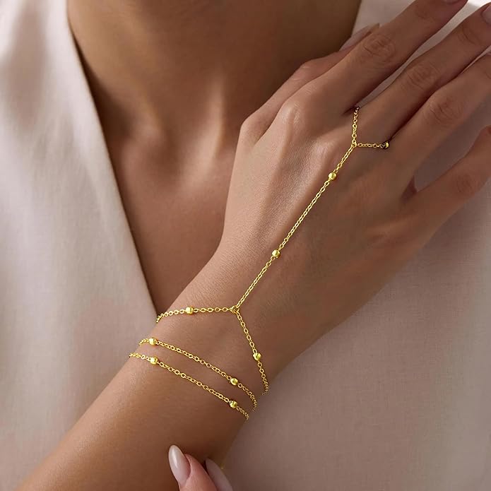Yoosteel Hand Chain Bracelet for Women - Valentines Gifts Dainty 14K-Gold-Plated Finger Ring Hand Chains Layered Trendy Link Bracelets Jewelry Gift for Women