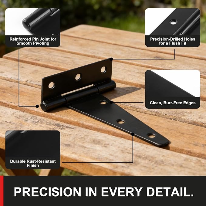 5 Inch Heavy Duty Door Hinges, 6 Pack Black Hinges T Strap Hinges, True 2.0mm - Image 4
