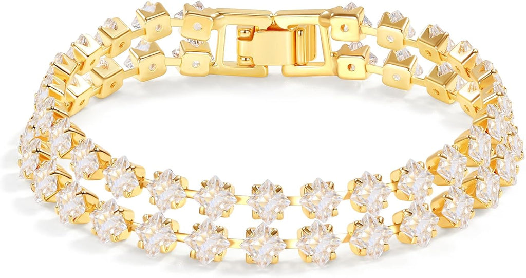 14K Gold Plated Tennis Bracelet for Women – Classic CZ Link Design, Fits 6.0"–7.2" Wrists – Stylish Sparkling Jewelry Gift, Timeless Tennis Bracelets for Women