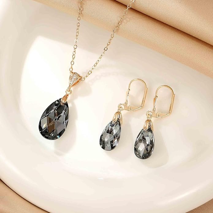 EVEVIC Austrian Crystals Teardrop Pendant Necklace Earrings for Women 14K Gold Plated Hypoallergenic Leverback Drop Dangle Earrings Jewelry Set