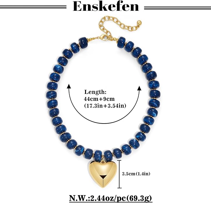 Gold Heart Pendant Necklaces for Women Colorful Acrylic Resin Beaded Choker Necklace Fashion Chunky Statement Beaded Heart Necklace