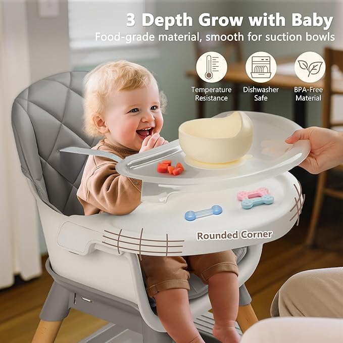 Kinder King 7 in 1 Baby High Chair for Babies and Toddlers with Large Storage Footrest, Booster Seat, Convertible Wooden High Chair with 3-Depth Double Dishwasher Safe Tray, 5 Point Harness, Gray