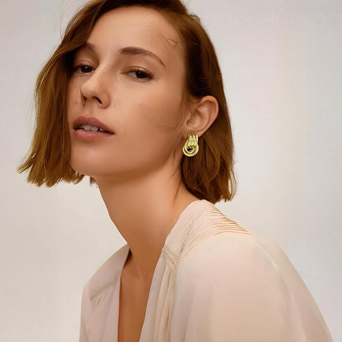 Chunky Gold Knot Earrings for Women, Gold Silver Statement Geometric Drop Dangle Long Link Earrings Trendy Dupes Jewelry
