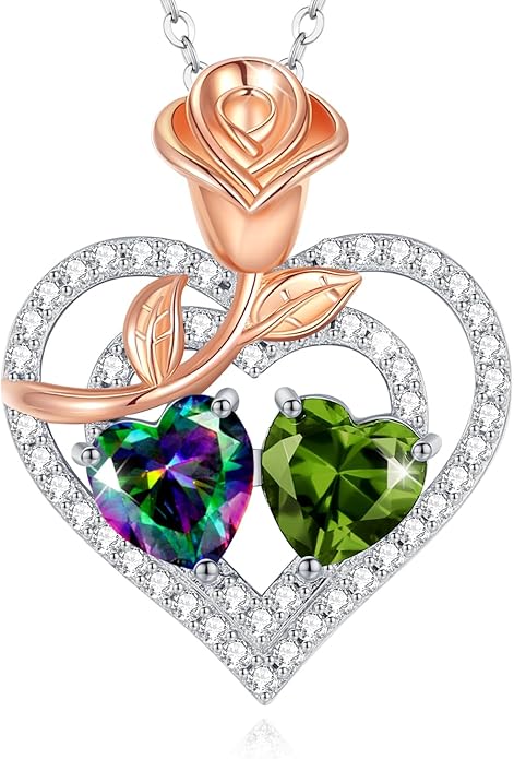 AGVANA Valentines Day Gifts Birthstone Necklace for Women Sterling Silver Rose Flower Heart Double Birthstone Jewelry Pendant Necklace Anniversary Birthday Gifts for Women Mom Wife Girlfriend Her
