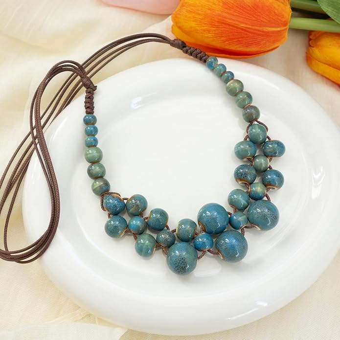 Boho Round Colorful Ceramic Beaded Necklace, Adjustable Hippie Statement Necklace, Handmade Ethnic Jewelry Gift for Women