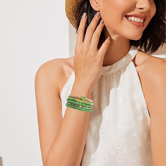Heishi Beaded Stretch Bracelets for Women Stackable Polymer Clay Beads Bracelets Friendship Boho Summer Beach Bracelet Jewelry Set
