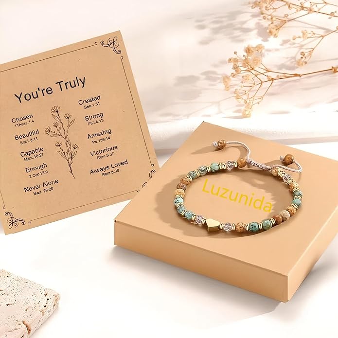 Natural Stone Heart Charm Bracelet - Adjustable Beaded Jewelry for Women, Thinking of You Gift.