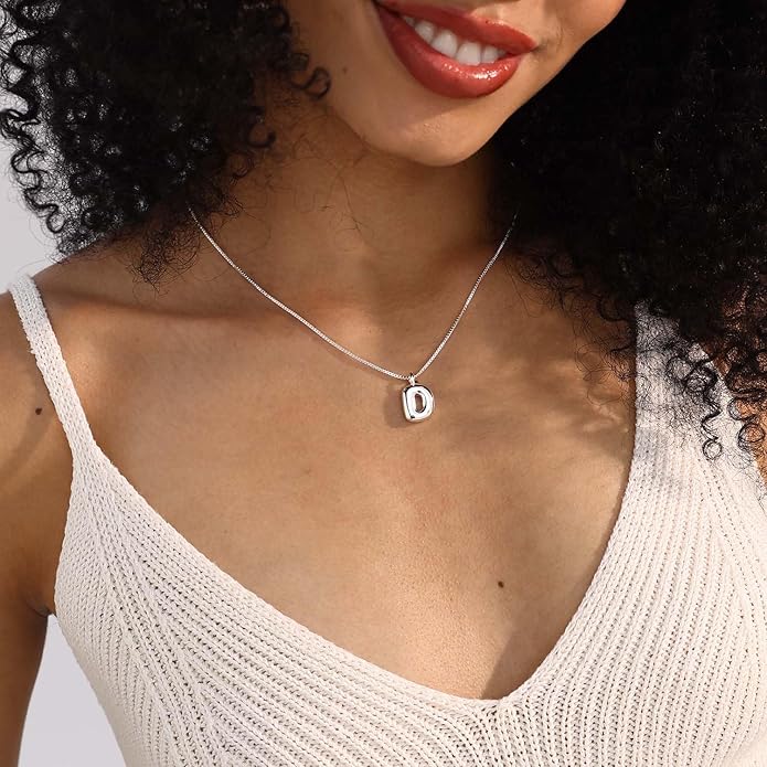 Bubble Gold Silver Letter Necklace Initial Necklaces for Women Trendy 14K Dainty Charm Pendant Name Necklace Personalized Jewelry Gift for Women Teen