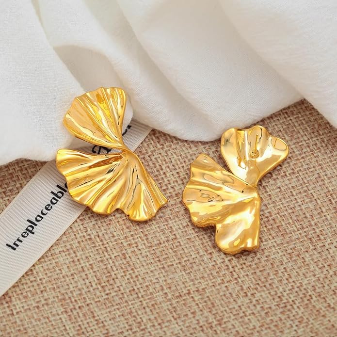 Chunky Gold Statement Earrings For Women Gold Plated Sectored Flower Leaf Shell Angel Wing Earrings Trendy Boho Jewelry For Women Large Stud Earrings Hypoallergenic Earrings