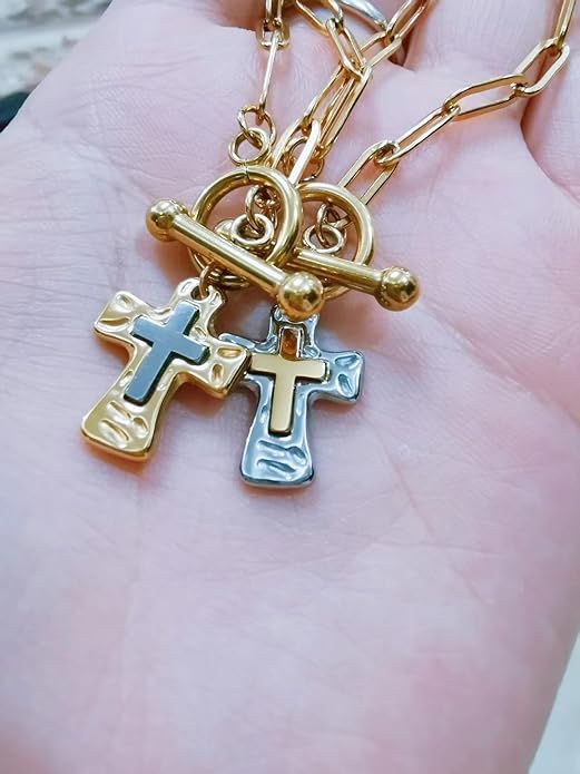 MQV Chunky Statement Gold Hammered Bold Cross Necklace Thick Chain Vintage Chain Pendant Jewelry