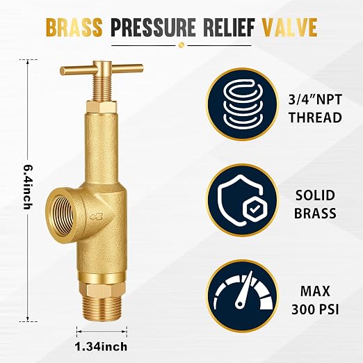 Pressure Relief Valve 3/4 Inch NPT 300 PSI Max Brass Safety Relief Valve Brass - Image 2