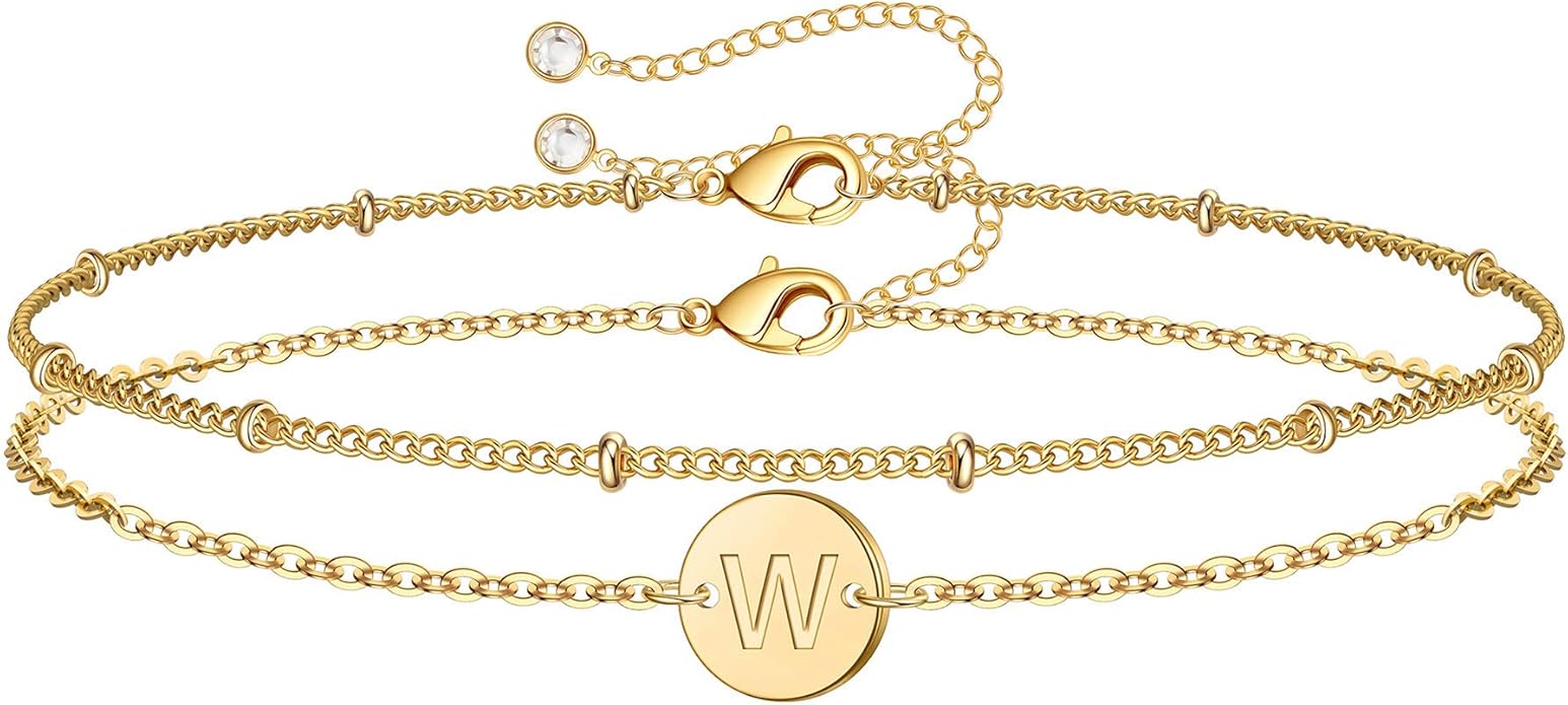 MONOZO Gold Initial Bracelets for Women Girls Valentines Day Gifts - Dainty 14K Gold Plated Layered Beaded Letter Initial Bracelet 26 Alphabet Disc Monogram Charm Bracelet Valentines Day Gifts for Her