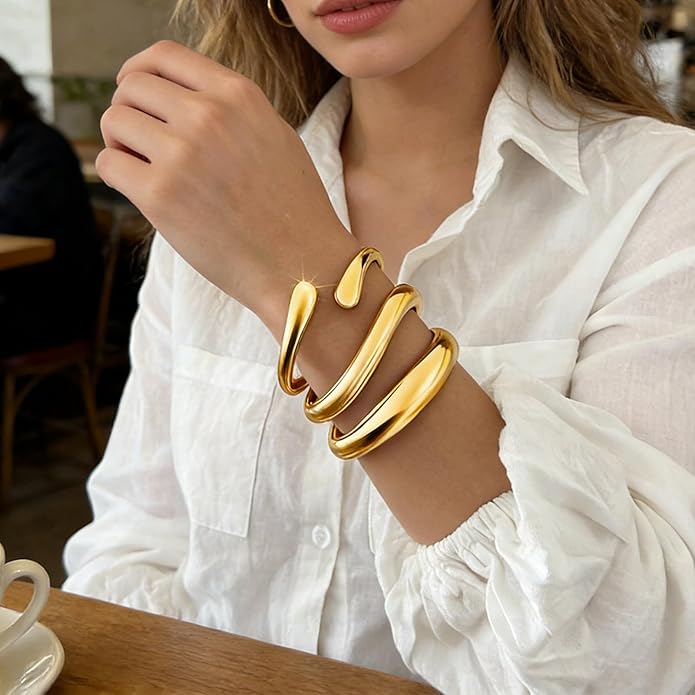 3Pcs Chunky Gold Bangles Bracelets for Women, Spring Hinged Big Stackable Bangles Set, Trendy Cuff Bracelet Stack Fashion Jewelry Gifts