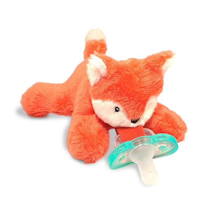 RaZbaby JollyPop Pacifier, Holder w/Detachable Baby Pacifier, Stuffed Animal RaZbuddy, All Ages 0M+, 100% Medical Grade USA Made Silicone, Machine Washable, Textured & Easy to Hold – Fox
