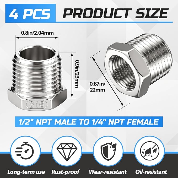 1/2" Mnpt to 1/4" Fnpt Male to Female 4 Pcs Hex Bushing Nipple Reducer - Image 2