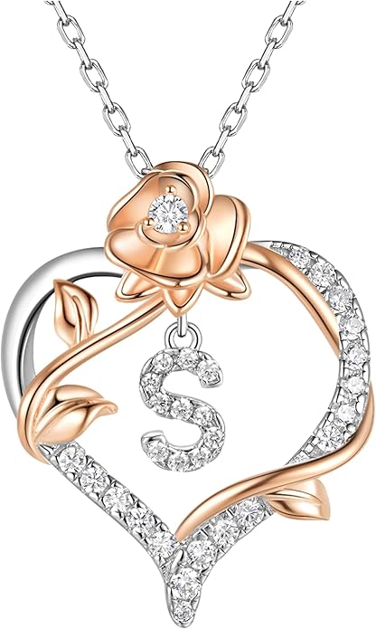 Valentines Day Gifts Rose Heart Letter Initial Necklace for Women, S925 Sterling Silver Pendant Necklace Adjustable Dainty Rose Flower Jewelry Gift for Her