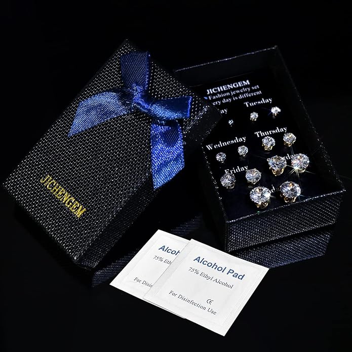 Silver Gold Black Stud Earrings Set 7Pairs Hypoallergenic Cubic Zirconia Titanium Stainless Steel Silver Rose Gold Black CZ Cartilage Stud Earrings Jewelry Sets for Women Men, 2-8mm CZ Stud Earrings