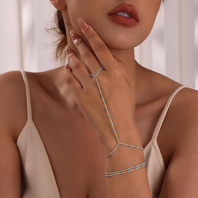 CHESKY 14K Gold Plated Hand Chain Bracelets for Women Set - Dainty Finger Ring Bracelet Stack Adjustable Hand Chains Durable Beaded Bracelets Trendy Simple Body Jewelry Gift for Women