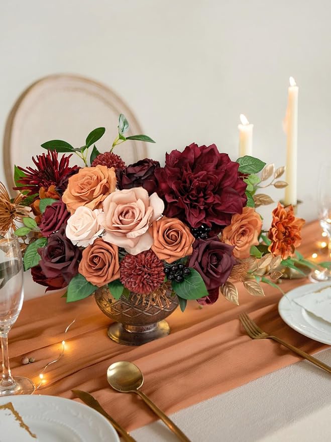 FACINOC Artificial Flowers Orange Burgundy Fake Flowers Dahlia Roses Bulk | DIY - Image 7