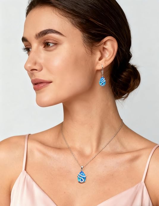 STARCHENIE 925 Sterling Silver Aquamarine Necklace Earrings for Women Pear Cut Birthstone Pendant Jewelry Set March Gift