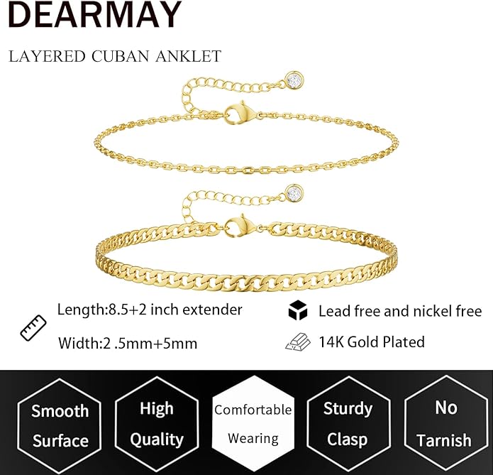 DEARMAY Dainty 14K Gold Plated Ankle Bracelets for Women, Waterproof 14K Gold Plated Link Chain Anklets Non Tarnish Set Pack Summer Beach Jewelry Gift