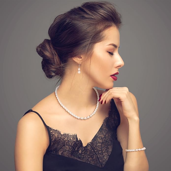 Glenmal Pearl Rhinestone Jewelry Set for Women Pearl Necklace Bracelet Earrings for Wedding Birthday Bridal Shower Tea Party