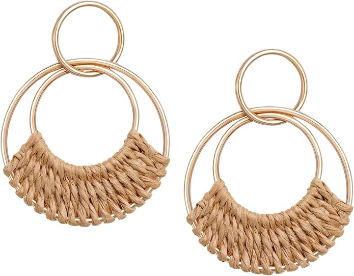 Raffia Hoop Earrings for Women Fun Boho Summer Beach Earrings Lightweight Handmade Straw Wicker Rattan Dangle Earrings Statement Geometric Round Drop Earrings