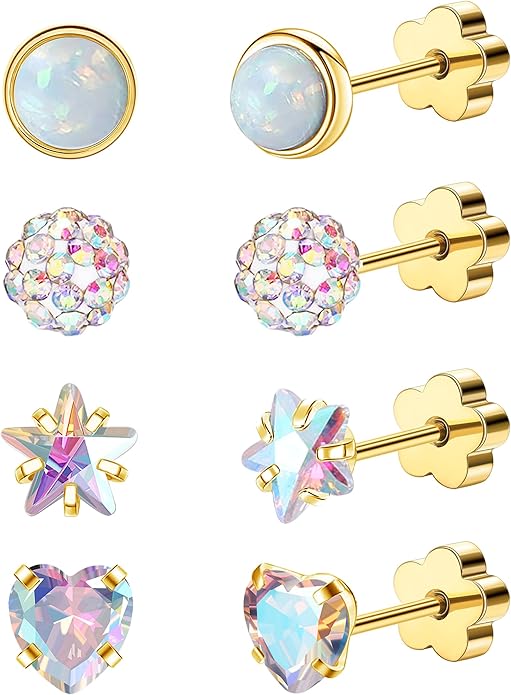4Pairs 14K Gold Stud Earrings for Women Girls 316L Stainless Steel Hypoallergenic Earrings 20G Flat Back Handmade Nap Earrings Cute Screw Back Opal Heart Star Cartilage Earrings