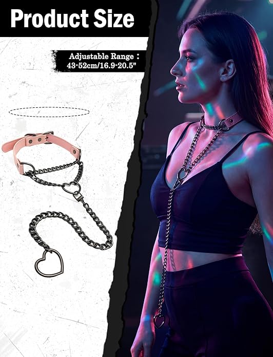 FEOYA Heart Choker Necklace for Women Hearts O-Ring Slip Chain Adjustable Punk Leather for Valentine Cosplay Gift