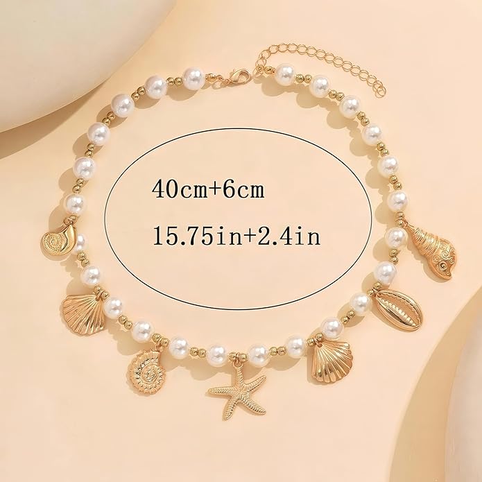 Shell Starfish Necklace for Women, 14k Gold Plated Boho Layered Beaded Charm Pendant Necklace, Dainty Adjustable Pearl Conch Summer Beach Vacation Jewelry Gifts