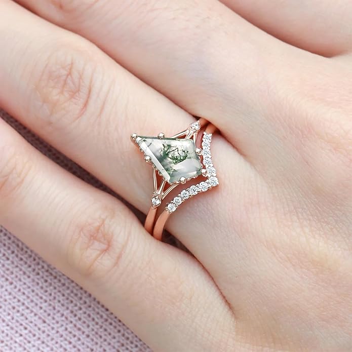 Natural Moss Agate Bridal Ring Set for Women 1CT Kite-cut Moss Agate Engagement Ring Set 925 Sterling Silver 10K 14K 18K Gold Classic Wedding Ring Set