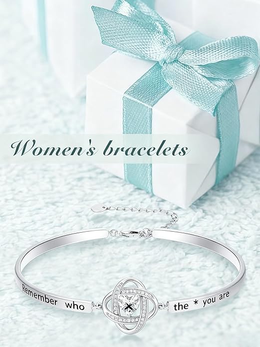 Valentines Day Gifts for Her, 18k White Gold Plated Love Knot Bracelets, Engraved Inspirational and Sentiment Bangle, Anniversary Birthday Jewelry Gift for Lover Wife Girlfriend Sister Friends