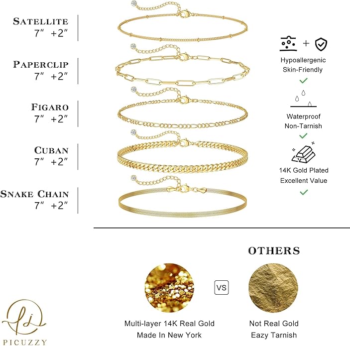 DEARMAY Gold Bracelets for Women Waterproof, 14K Gold Plated Jewelry Sets Trendy Thin Dainty Stackable Cuban Link Paperclip Chain Bracelet Pack Fashion Accessories Gifts for Womens