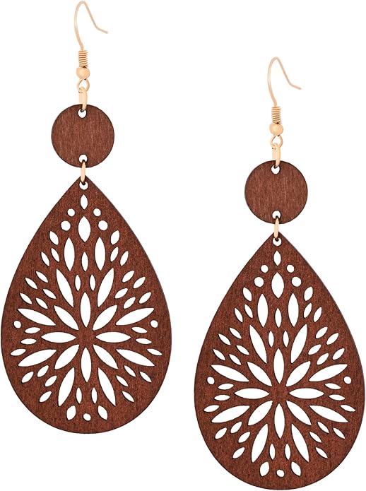 MINACHI Bohemian Hollow Cut-Out Wood Leather Dangle Drop Earrings, Boho Chic Hippie Statement Jewelry Gift for Women