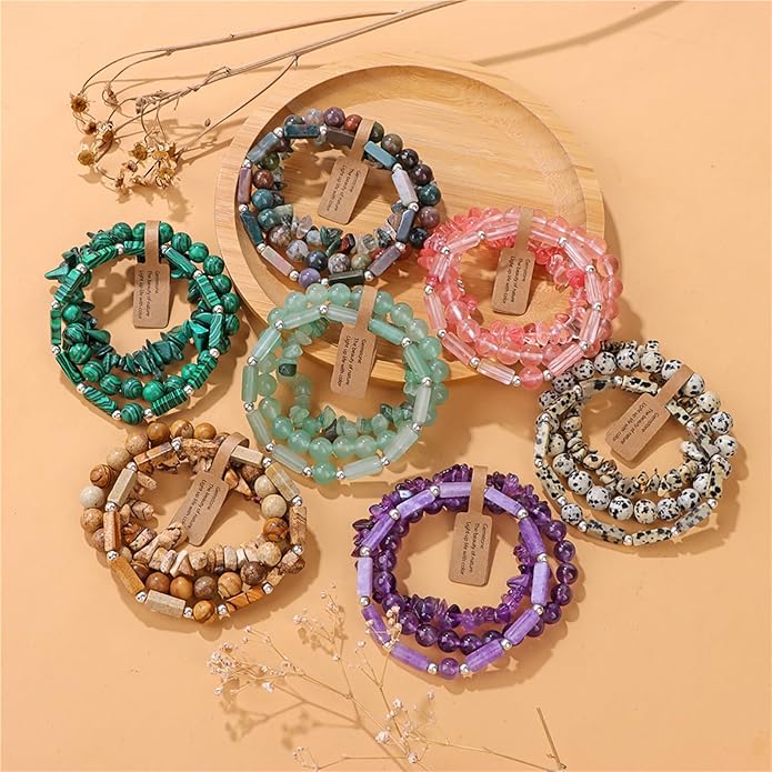3Pcs Natural Stone Bracelets for Women 8mm Crystal Beaded Bracelets Handmade Stretch Bracelet Healing Crystal Jewelry for Women