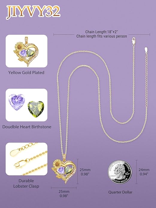 Sunflower Heart Necklace for Women 14K Gold Exquisite Valentines Day Anniversary Birthday Gifts for Wife Mother Her Double Birthstone Pendant Jewelry‘You Are My Sunshine’