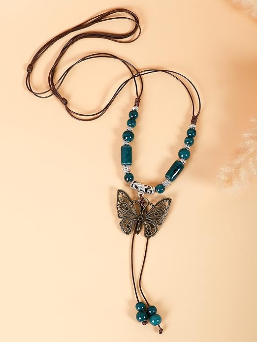 MINACHI Hippie Boho Colorful Ceramic Bead Butterfly Charm Pendant Y Necklace, Vintage Bohemian Statement Jewelry Gift for Women