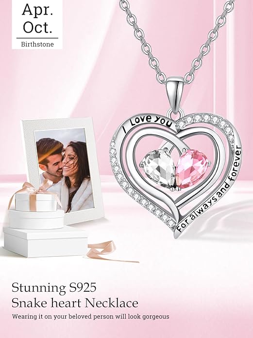 Valentine's Day Gifts for Wife 925 Sterling Silver Double Birthstone Pendant Necklaces I Love You for Always and Forever Necklace Anniversary Birthday Gifts for Wife Girlfriend Mom Her