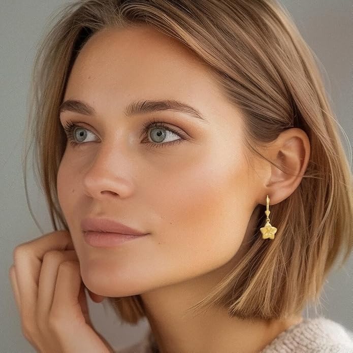 14K Yellow Gold Plumeria Drop Dangle Earrings for Women Flower Motif Lever Back Solid Small Fine Jewelry Gift Floral Nature