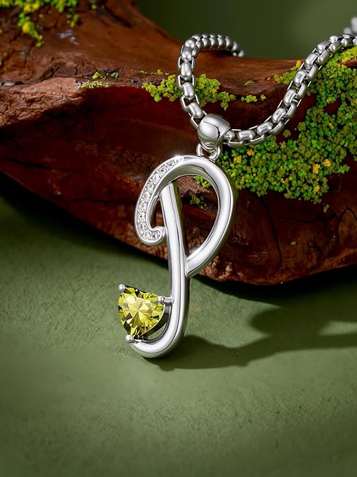 Valentines Day Gifts for Women Alphabet A to Z Initial Birthstone Pendant Necklaces for Women - 18k White Gold Plated Personalized Name Jewelry Valentine Mothers Day Birthday Gifts for Women Her Girlfriend