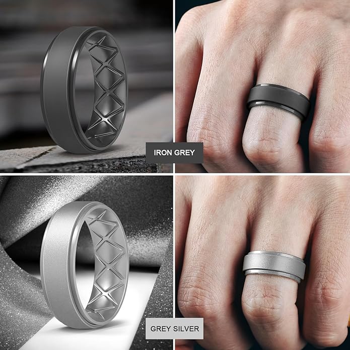 Egnaro Men's Rings 8.5mm Wide-2mm Thick Inner Arc Ergonomic Breathable Rubber Wedding bands-Hypoallergenic for Gym/Outdoor/Gift((1-7 Variety Pack with Half Size)