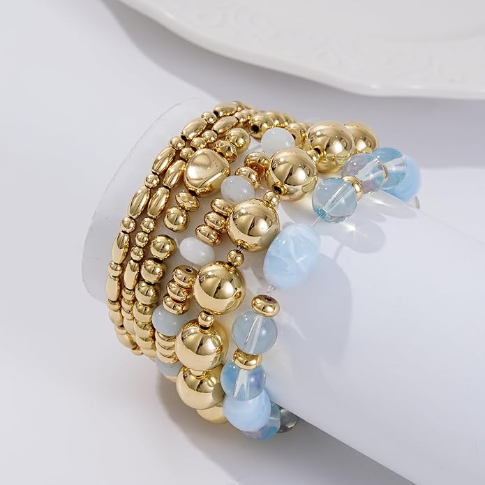 Gold Plated Beaded Bracelets for Women Trendy, 14K Gold Plated Stack Cross Pearl Gold Plated Bead Stretch Bracelets Set Elastic Hypoallergenic Bracelets Jewelry Gifts