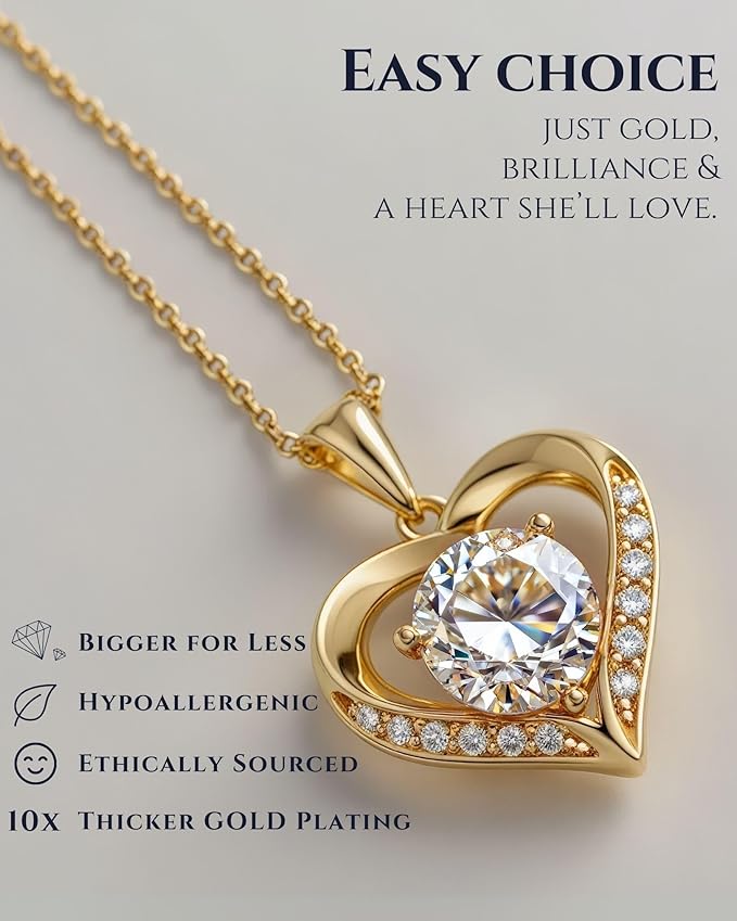 Moissanite Necklace for Women - 14k Gold Heart Necklaces - Moissanite Pendant 2 - 3 Carat - Valentines Day Love for Women - Jewelry Gift for Anniversary, Girlfriend Birthday - Jewelry for Wife from Husband