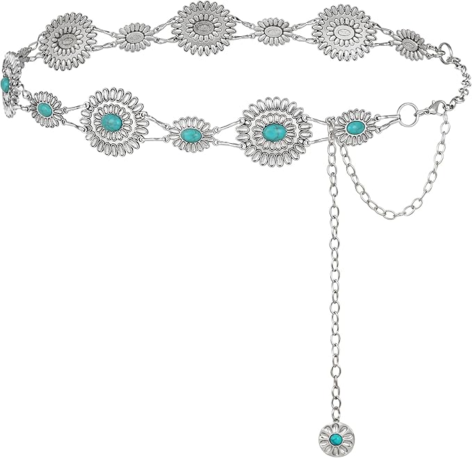 FIORETTO Metal Waist Chain Link Belt for Women Western Cowgirl Boho Turquoise Belts for Dress Jeans Country Concert Outfit