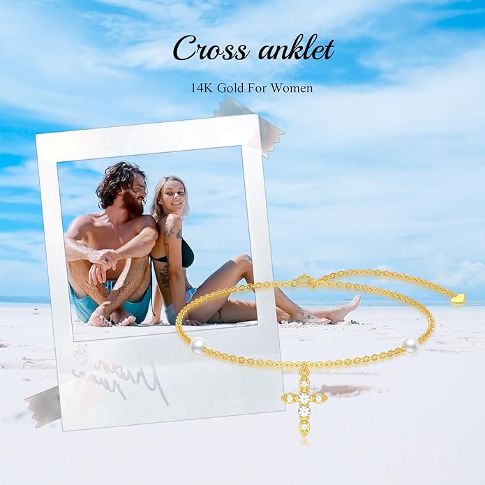 Solid 14K Gold Cross/Heart Anklet for Women, Real Gold Cross Bracelet Adjustable Beach Foot Ankle Bracelet Religious Fine Jewelry Gifts for Her Wife Mom Nana